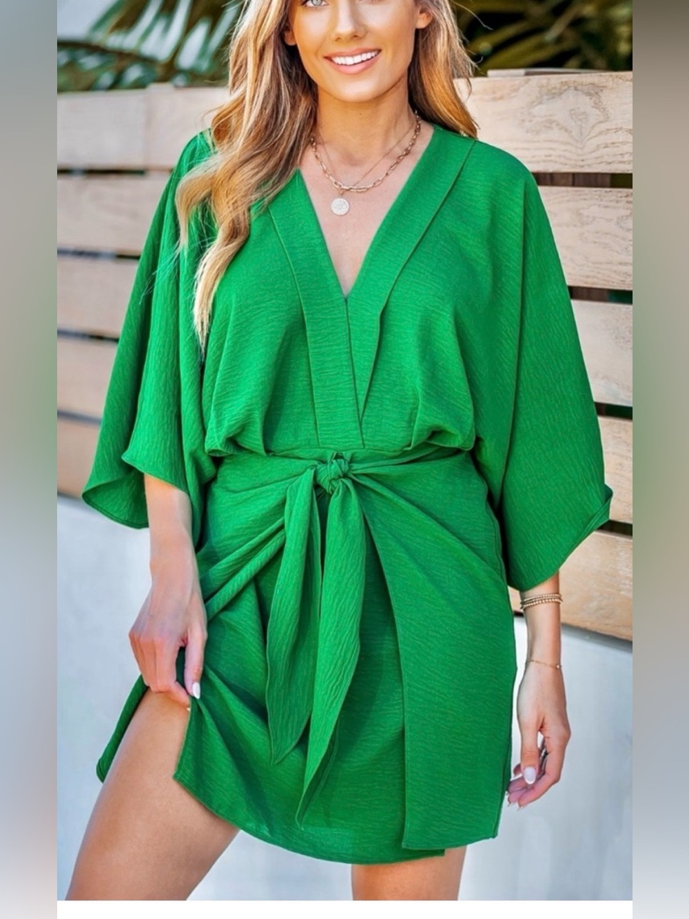 Cupshe Emerald Green V-Neck Tie-Waist Mini Dress